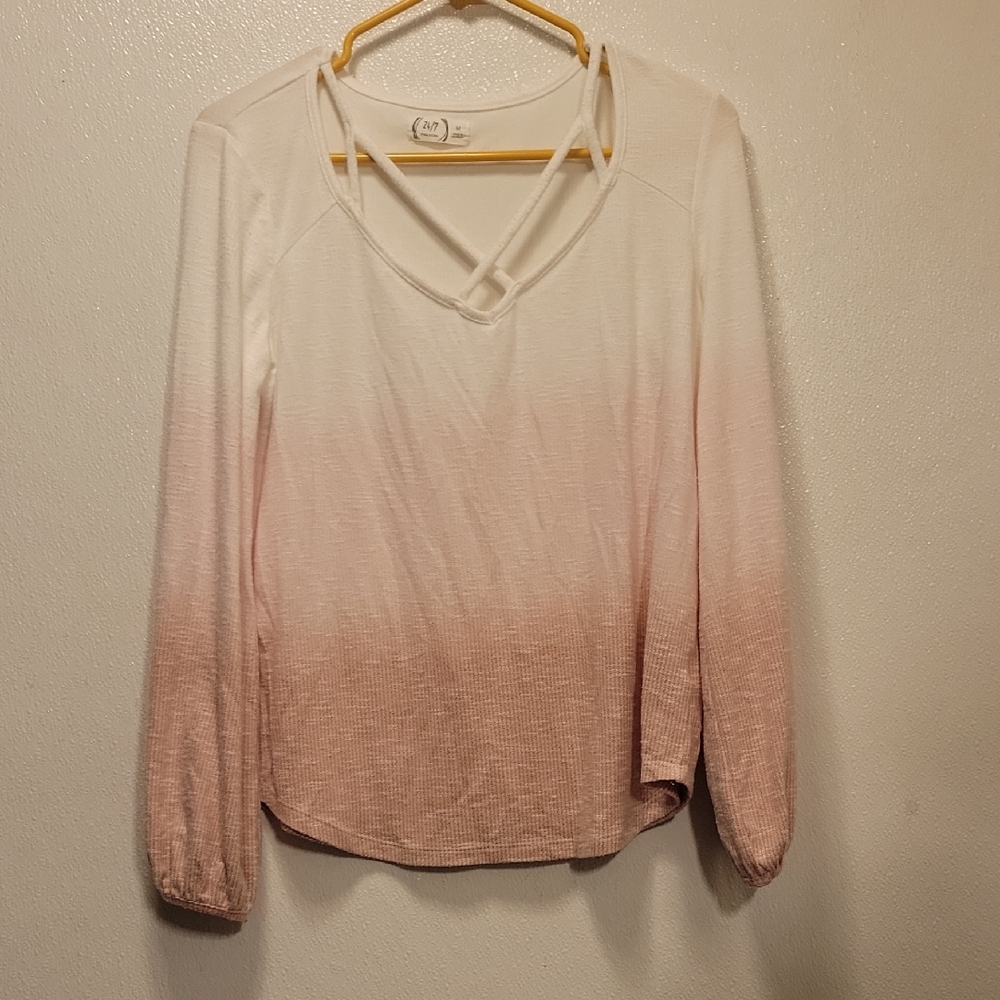 24/7 Maurices Women's White to Pink Ombre Long Sleeve Top